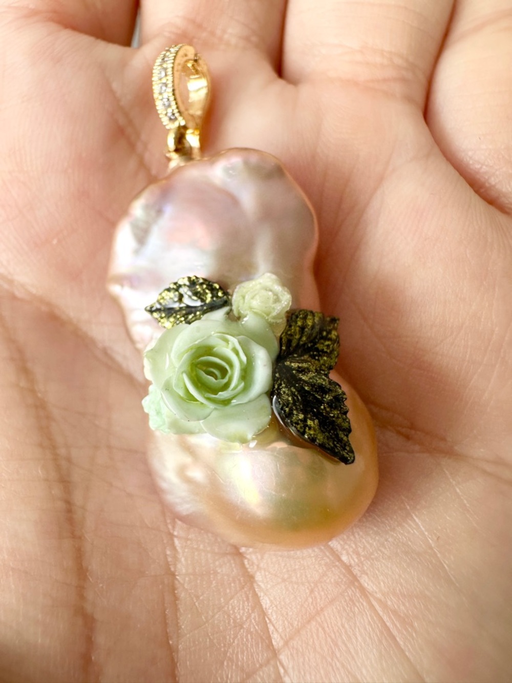 Handcrafted Pink Genuine Pearl Giant Pendant with Blue Rose Accent